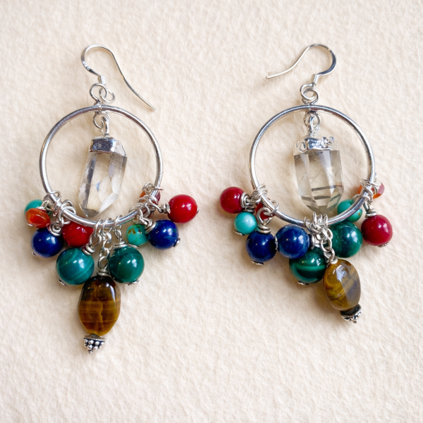 Statement Hoop Earrings with Smoky Quartz and Mixed Gemstone Charms