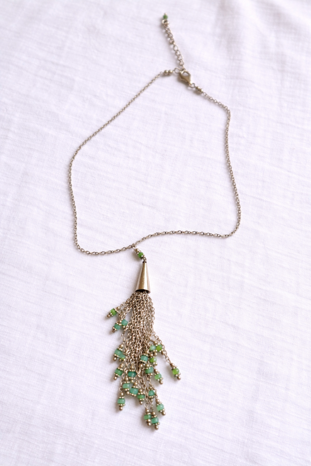 No. 004 — sterling silver chain tassel necklace with green aventurine