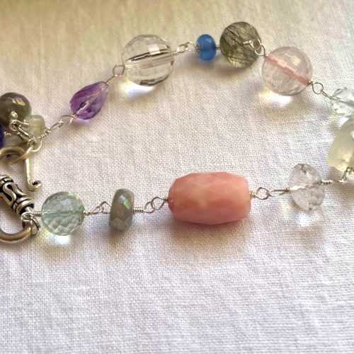 Sterling Silver Gemstone Bracelet – Pink Opal, Labradorite, Moonstone, Aquamarine & Quartz